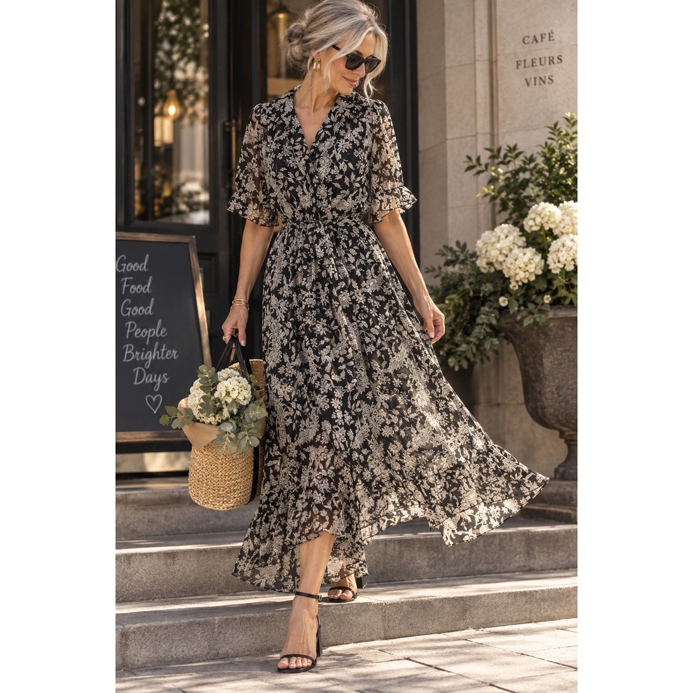 LC Lauren Conrad Black White Bird Floral Print Ruffle Midi Dress Size L